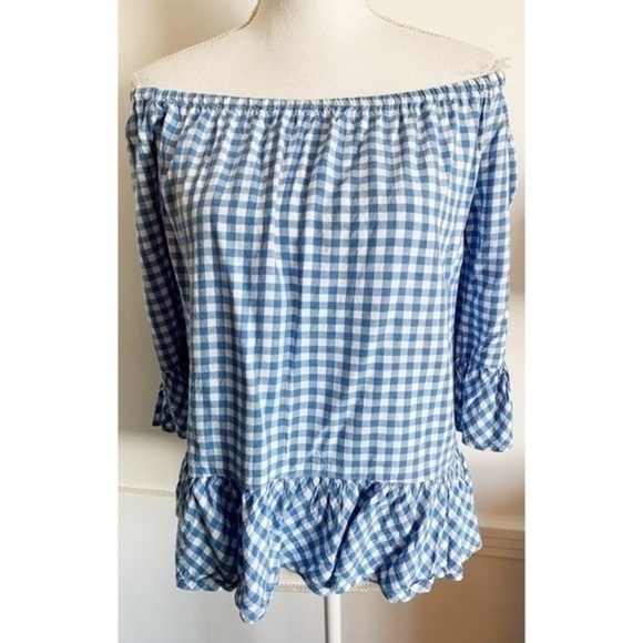 beachlunchlounge Tops - BeachLunchLounge • Blue White Gingham Plaid Off Shoulder Blouse
